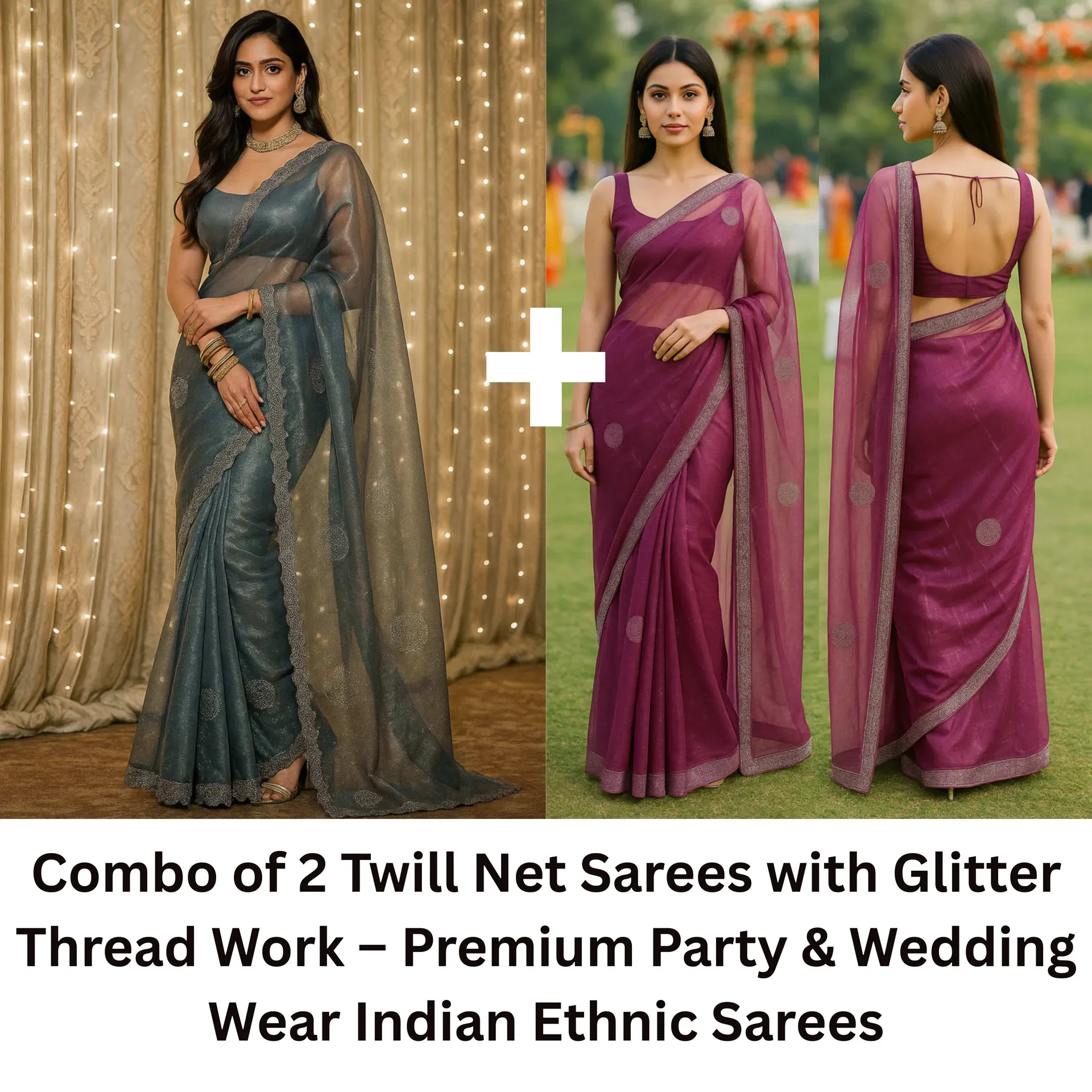 Combo: 2 Premium Twill Net Sarees - Glitter Work