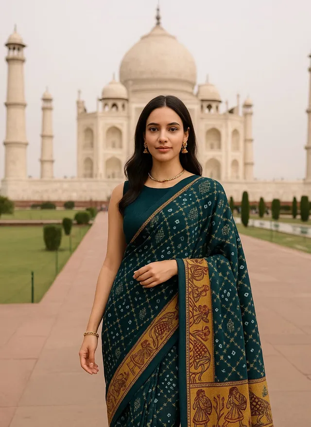 Traditional Gharchola Saree with Bandhani & Folk Art Border