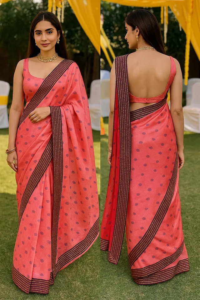 Vibrant Pink Printed Saree with Zari Border Lace