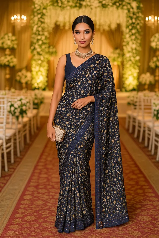 Vibrant Blue Floral Light Weight Saree with Mirror Border