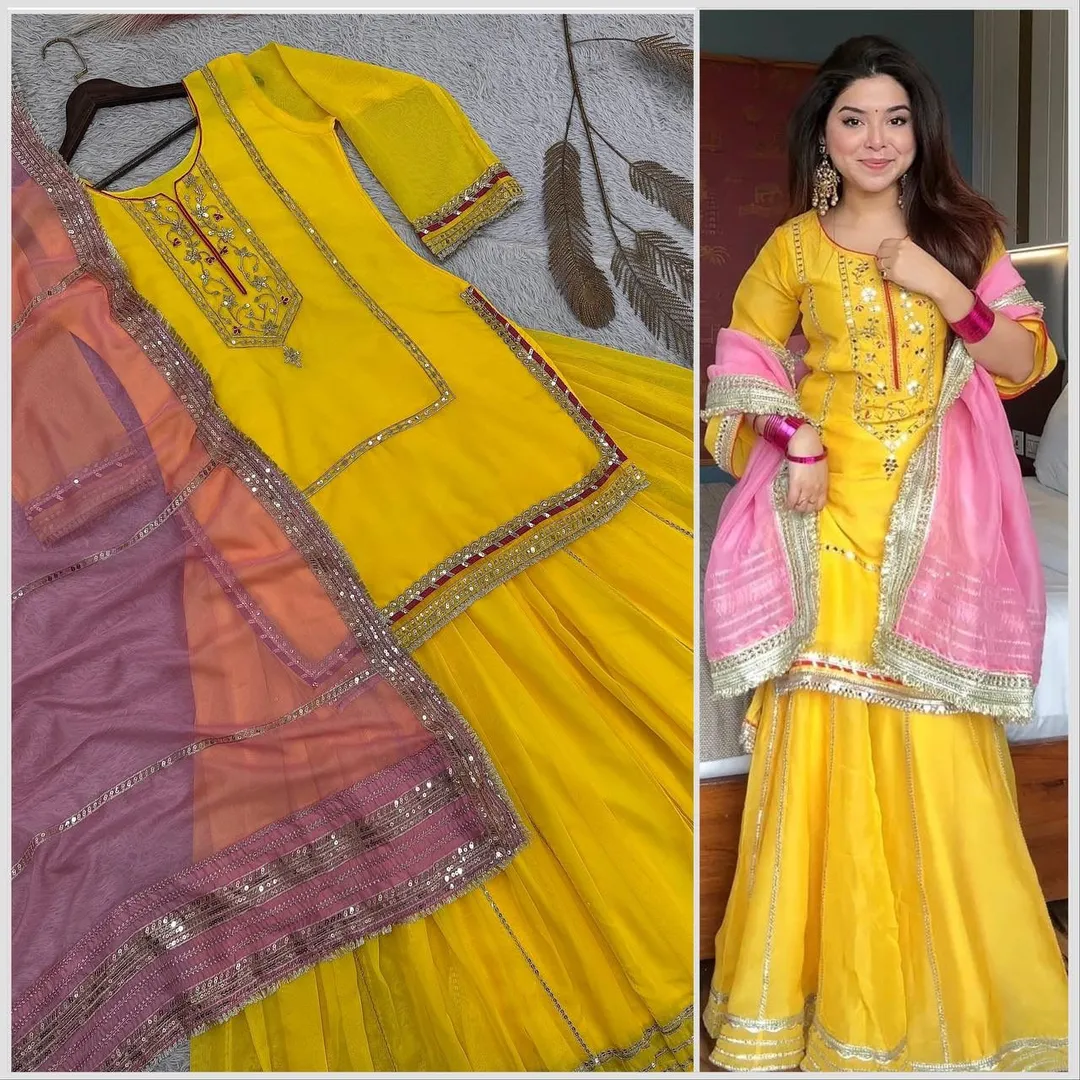 Designer Kundan Organza Silk Top Plazzo Set with Dupatta - Best suit set for special occasions