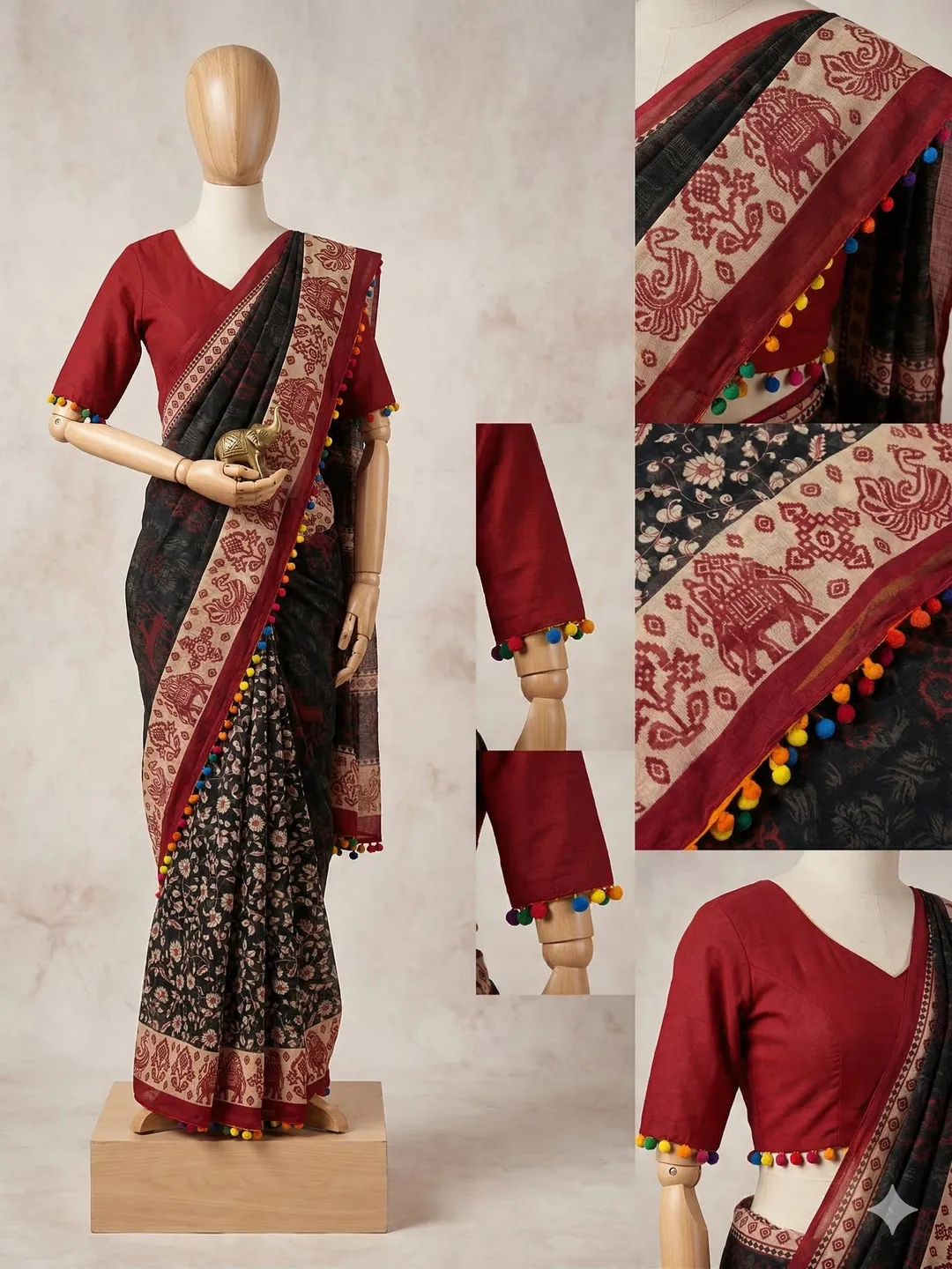 Mulmul Soft Cotton Ikat Saree with Pom Pom Border – Budget Collection
