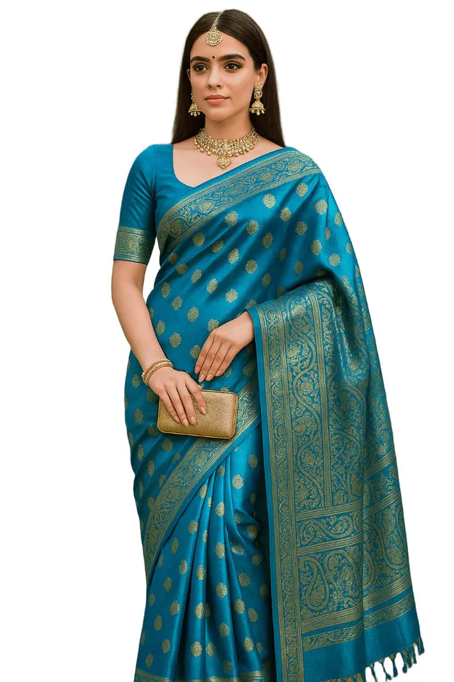 Emerald Turquoise Blue Kanjeevaram Silk Saree