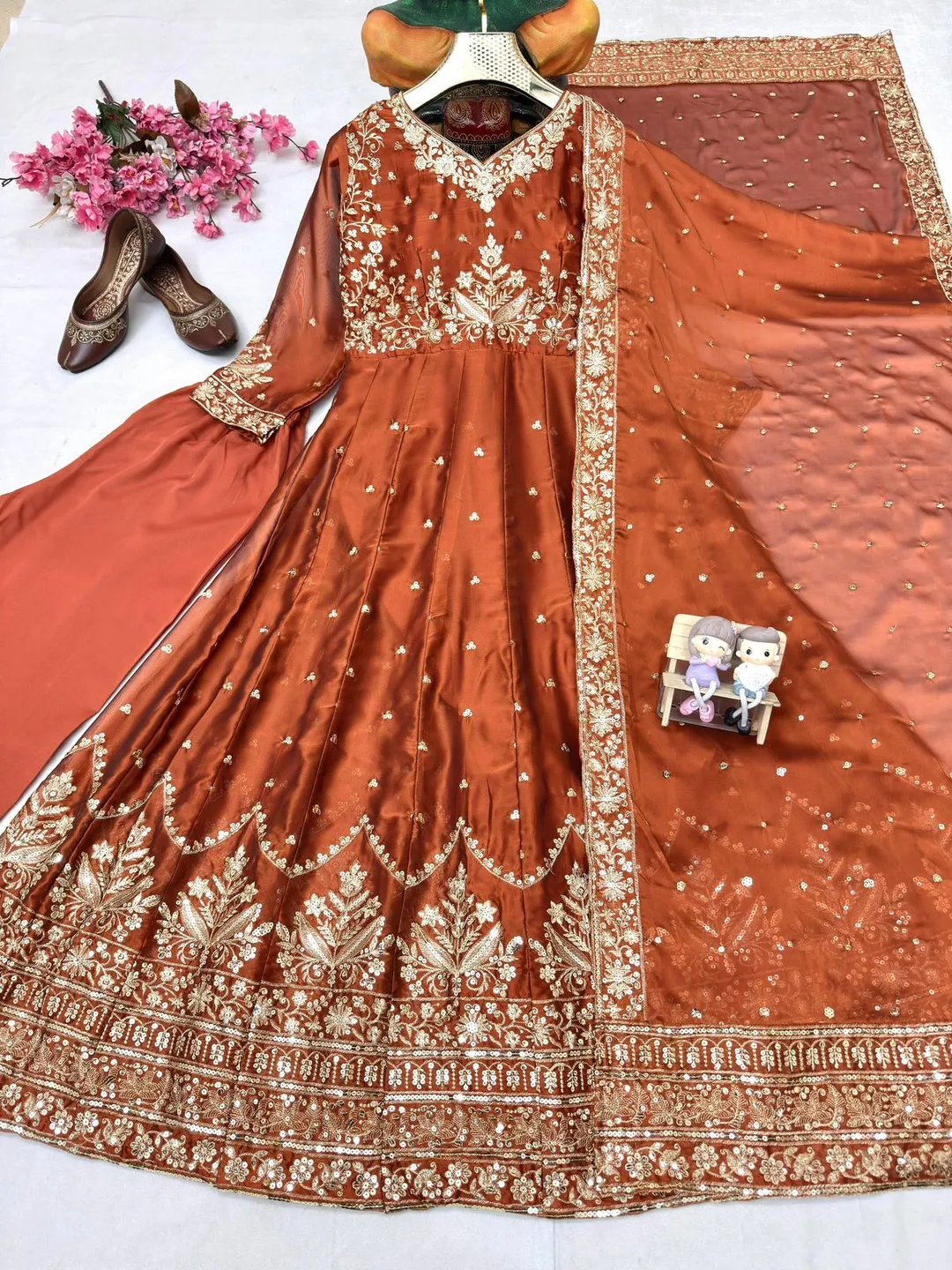 New Designer Anarkali Gown Set - Flowy Silk