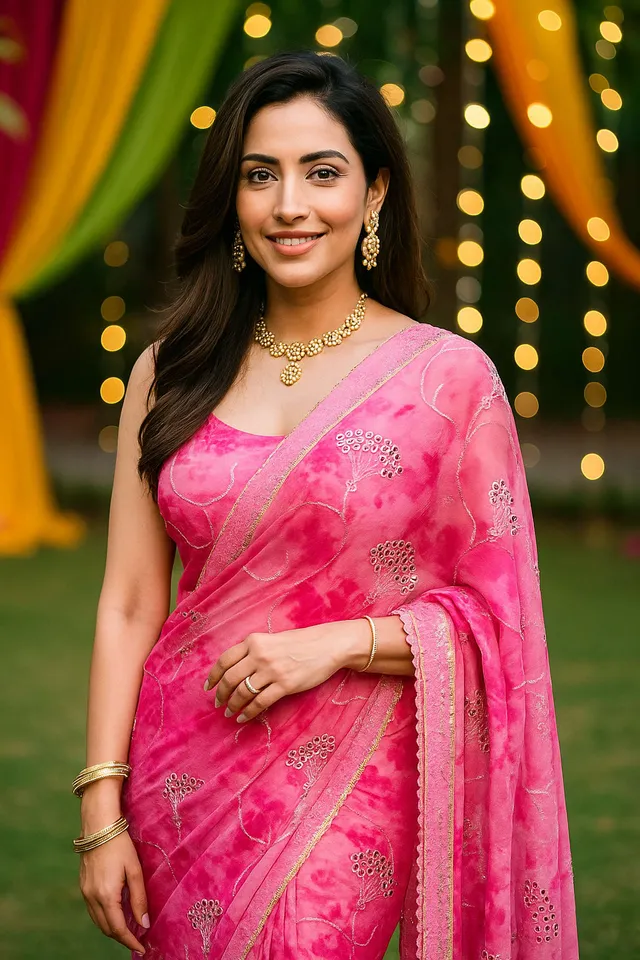 Light Pink Mirror Embroidery Saree with Jarkan Lace Border