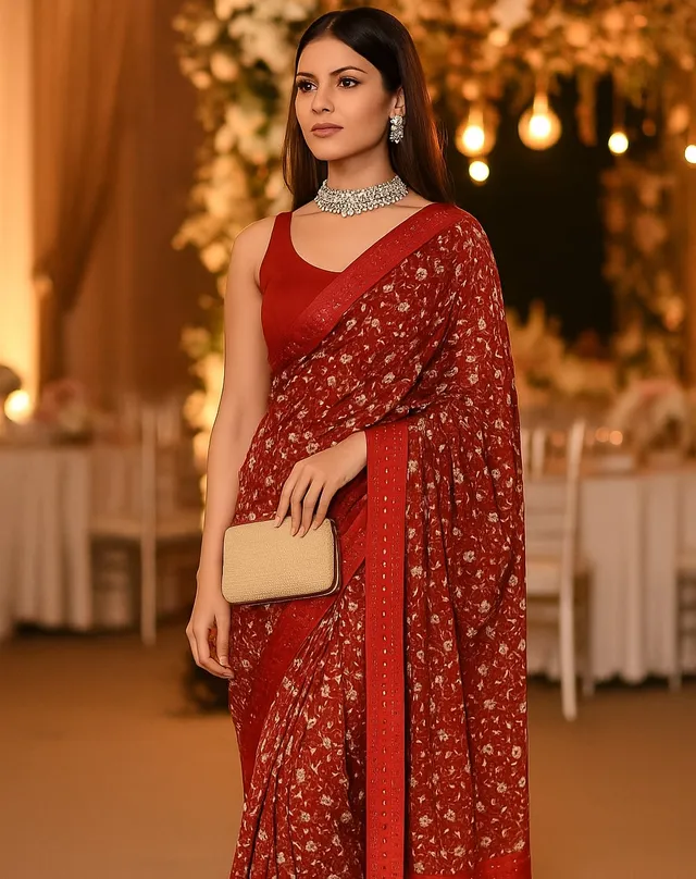 Radiant Red Floral Light Weight Saree with Sequin Border