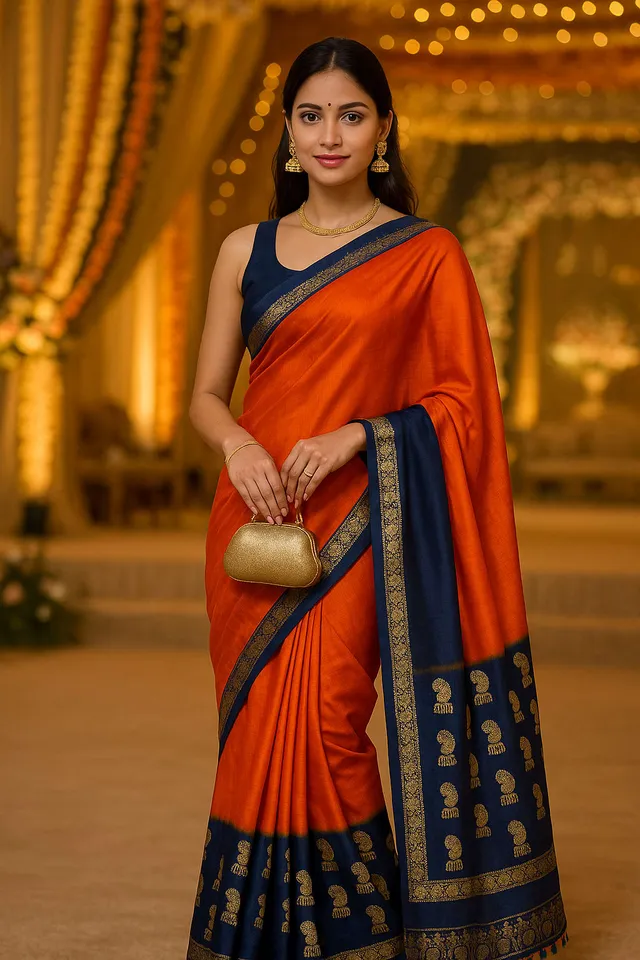 Elegant Orange & Blue Vichitra Silk Saree with Lace Border Blouse