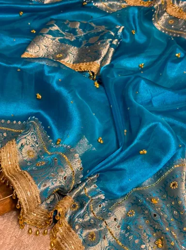 Stunning Firozi Blue Tissue Silk Ghungroo and Mirror work Saree - View 6