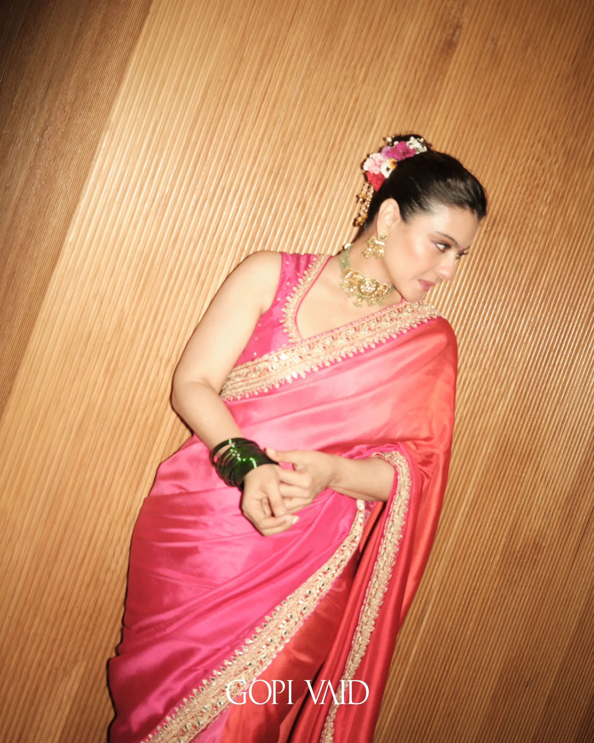 Kajol-Inspired Celebrity Style Designer Soft Chinnon Saree with Sequins & Dori Embroidery - View 3
