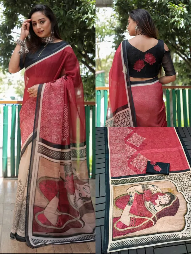 Durga Puja Special – Premium Linen Digital Print Saree Collection - View 2