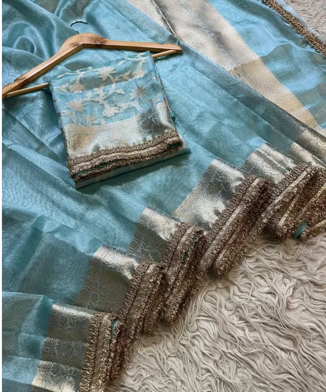 Sky Blue Banarasi Tissue Silk Saree with Lace Border & Rich Pallu - View 4