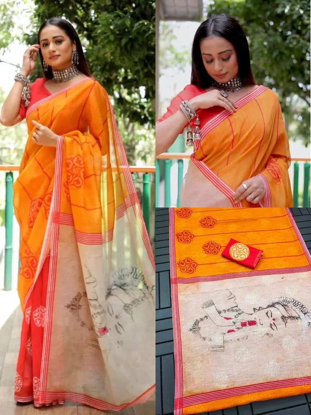 Durga Puja Special – Premium Linen Digital Print Saree Collection - View 2
