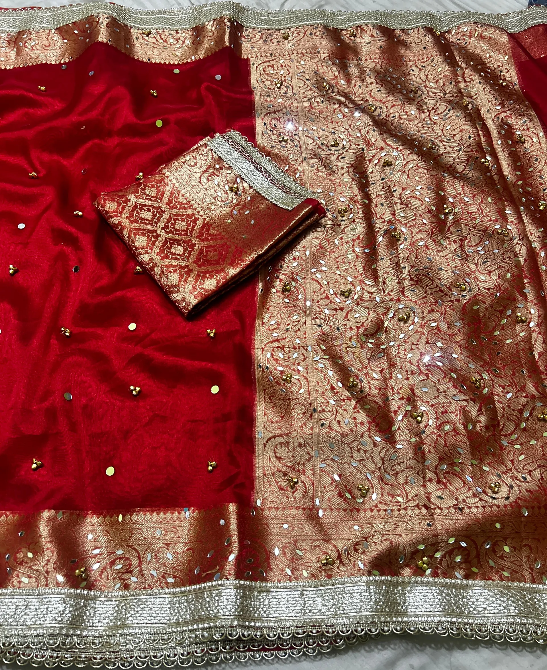 Banarasi Glass Tissue Silk Saree with Hand Ghungroo & Mirror Work - Banarasi Glass Tissue Silk Saree