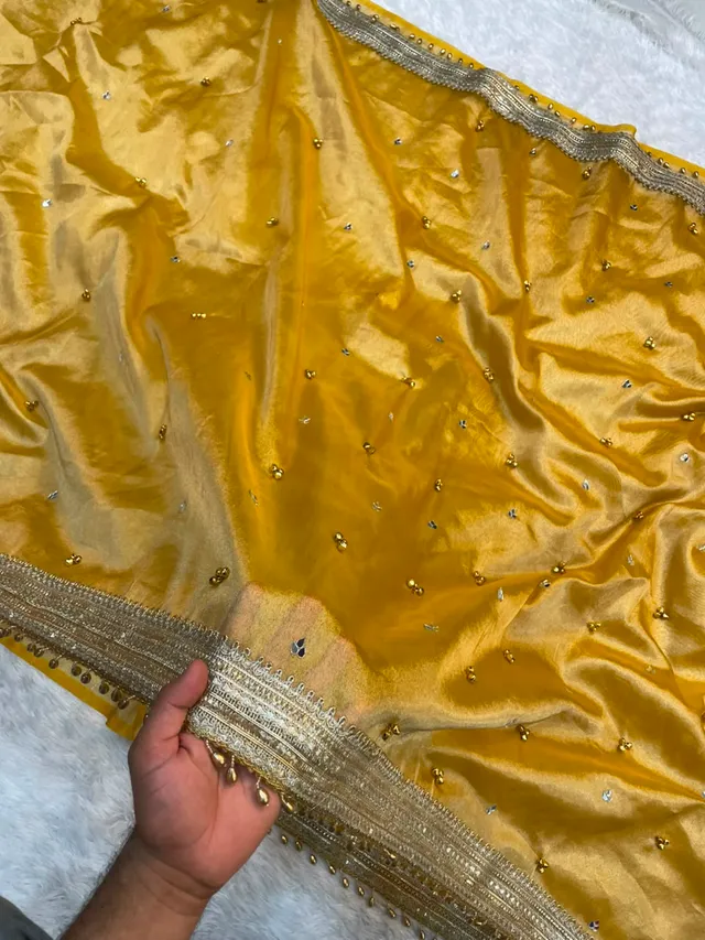 Banarasi Soft Tissue Silk Mirror & Ghungroo Work Saree - Banarasi Soft Plain Tissue Silk Saree Online India - Buy at ₹2299 - Image 1