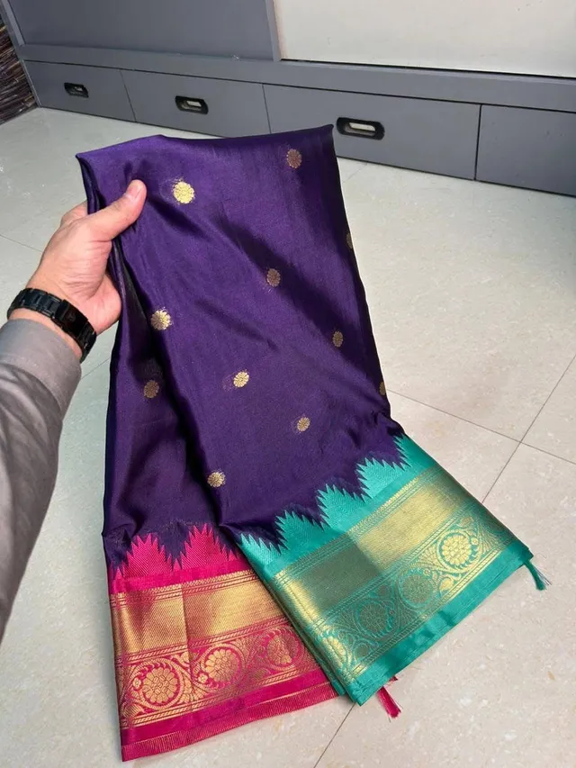 Royal Blue Banarasi Silk Saree with Golden Buti & Contrast Zari Border - View 3