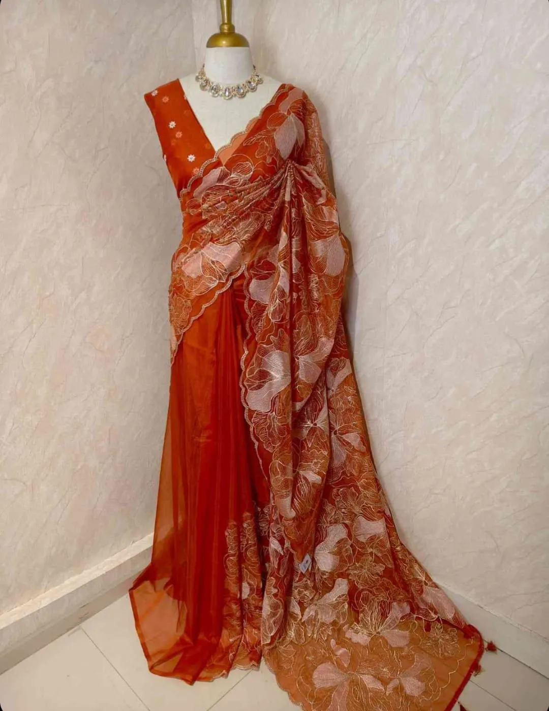 BANARASI SOFT ORGANZA CHIKANKARI SILK SAREE - View 3