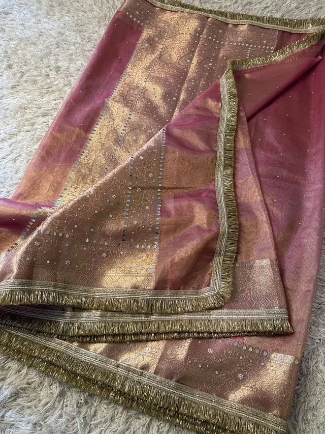 Banarasi Soft Glass Tissue Silk Mirror, Pearl & Stone Work Saree - View 4