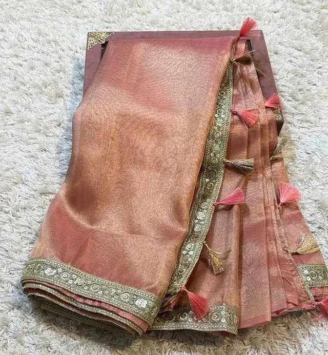 Banarasi Soft Plain Tissue Silk Saree with Heavy Lace Border - View 6