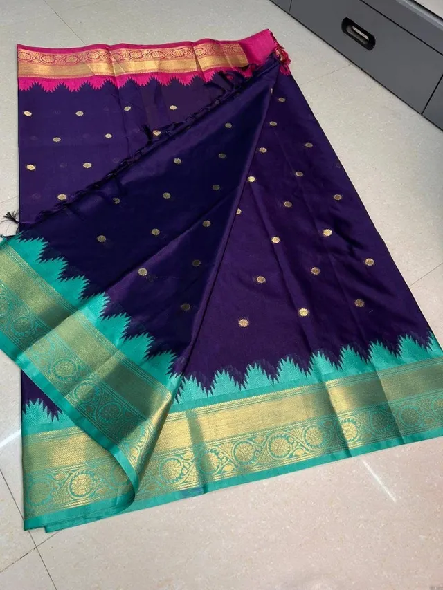 Royal Blue Banarasi Silk Saree with Golden Buti & Contrast Zari Border - Premium Banarasi Semi Silk Saree Online India - Buy at ₹1099 - Image 1