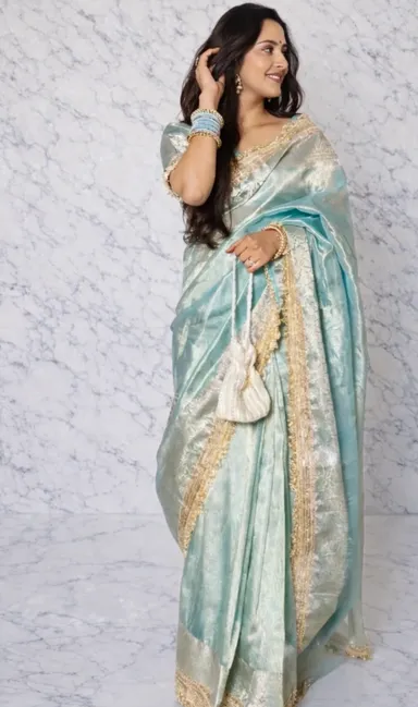 Sky Blue Banarasi Tissue Silk Saree with Lace Border & Rich Pallu - Premium Banarasi Tissue Silk Saree Online India - Buy at ₹2199 - Image 1