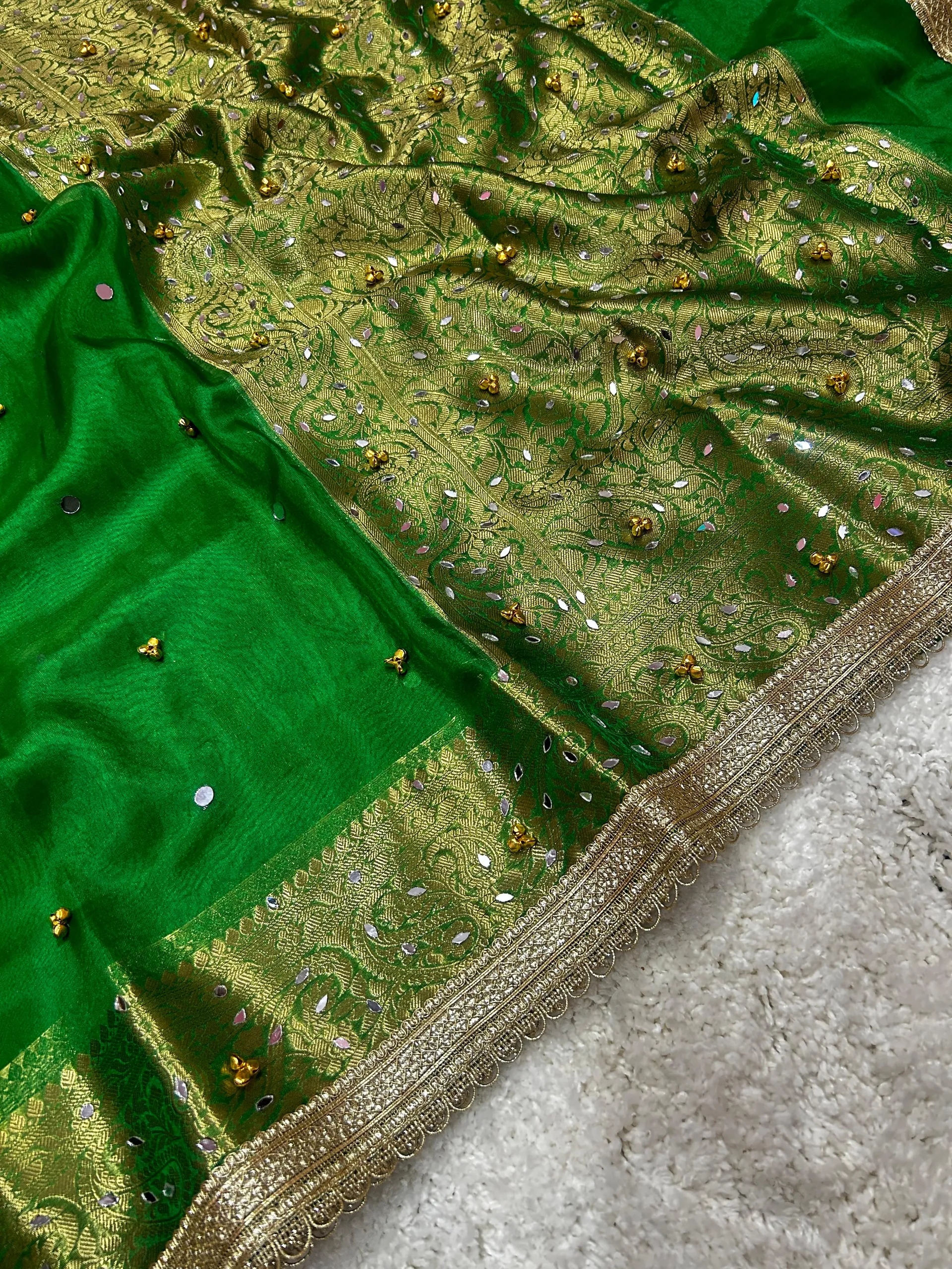 Banarasi Glass Tissue Silk Saree with Hand Ghungroo & Mirror Work - Second View