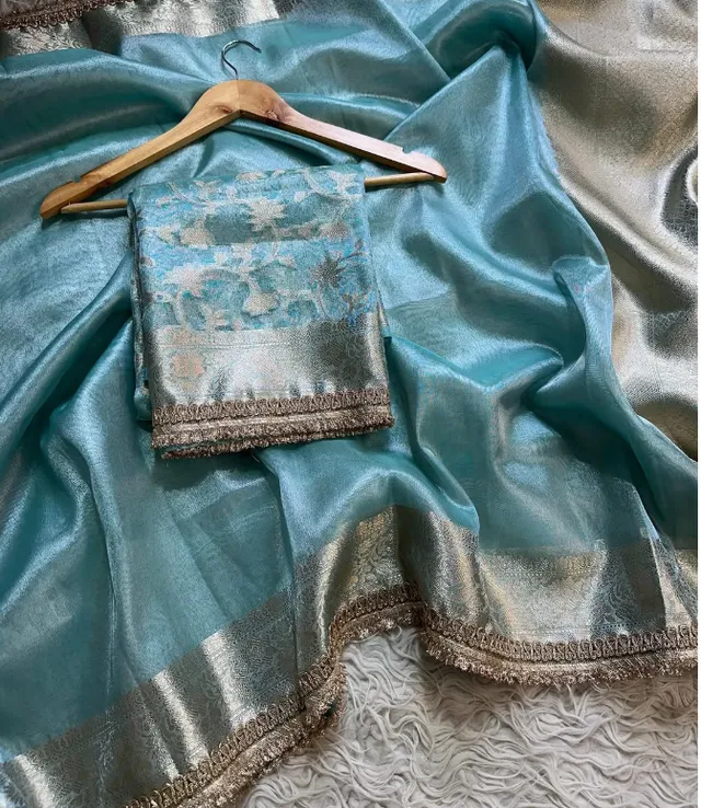 Sky Blue Banarasi Tissue Silk Saree with Lace Border & Rich Pallu - View 3