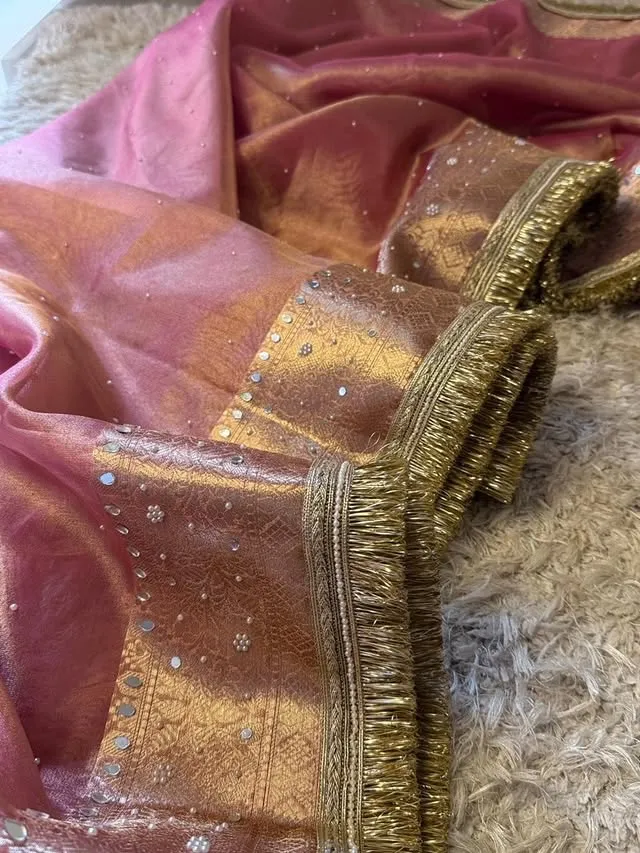 Banarasi Soft Glass Tissue Silk Mirror, Pearl & Stone Work Saree - View 3