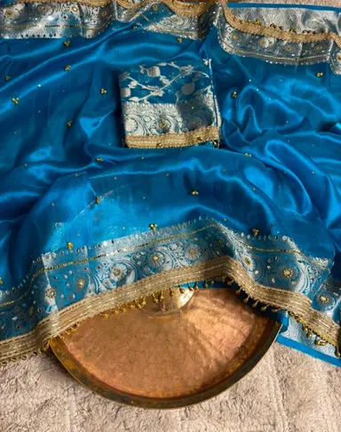 Stunning Firozi Blue Tissue Silk Ghungroo and Mirror work Saree - PremiumTissue Silk Saree Online India - Buy at ₹3599 - Image 1