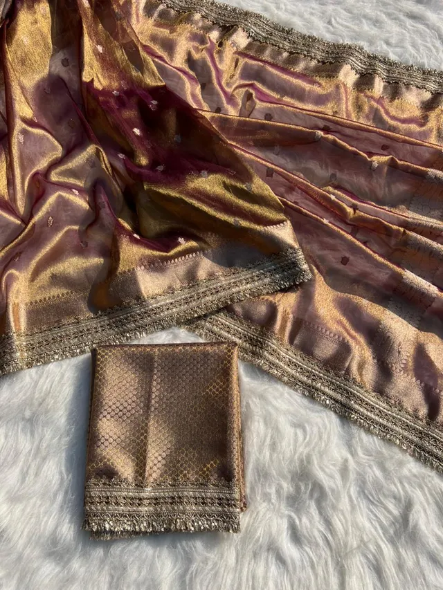 Banarasi Tissue Silk Kaat Ban Saree with Heavy Lace Work - View 2