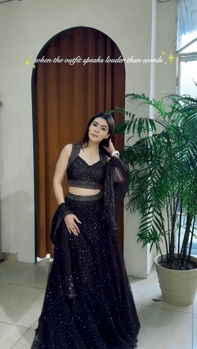 Black Net Lehenga Choli Set with Sequins & Zari Work