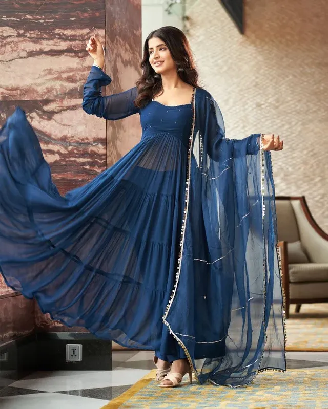 Pure Georgette Anarkali Gown Set with Pant & Dupatta