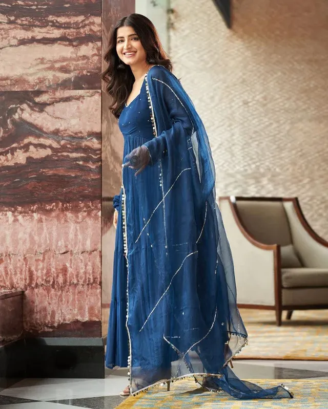 Pure Georgette Anarkali Gown Set with Pant & Dupatta - View 5