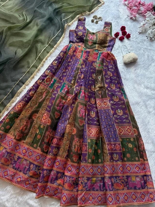 Digital Printed Jimmy Organza Silk Anarkali Gown with Dupatta - View 2
