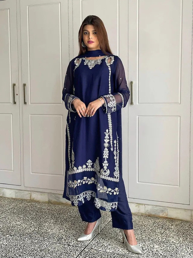 Elegant Embroidered Sequence Work Designer Three Piece Set - View 3