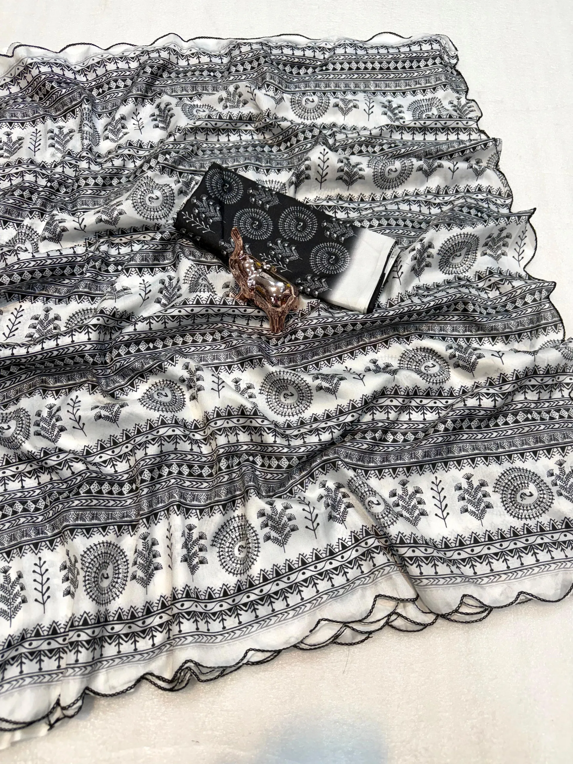 Dola Silk Digital Warli Printed Cutwork Saree with Ikat Blouse