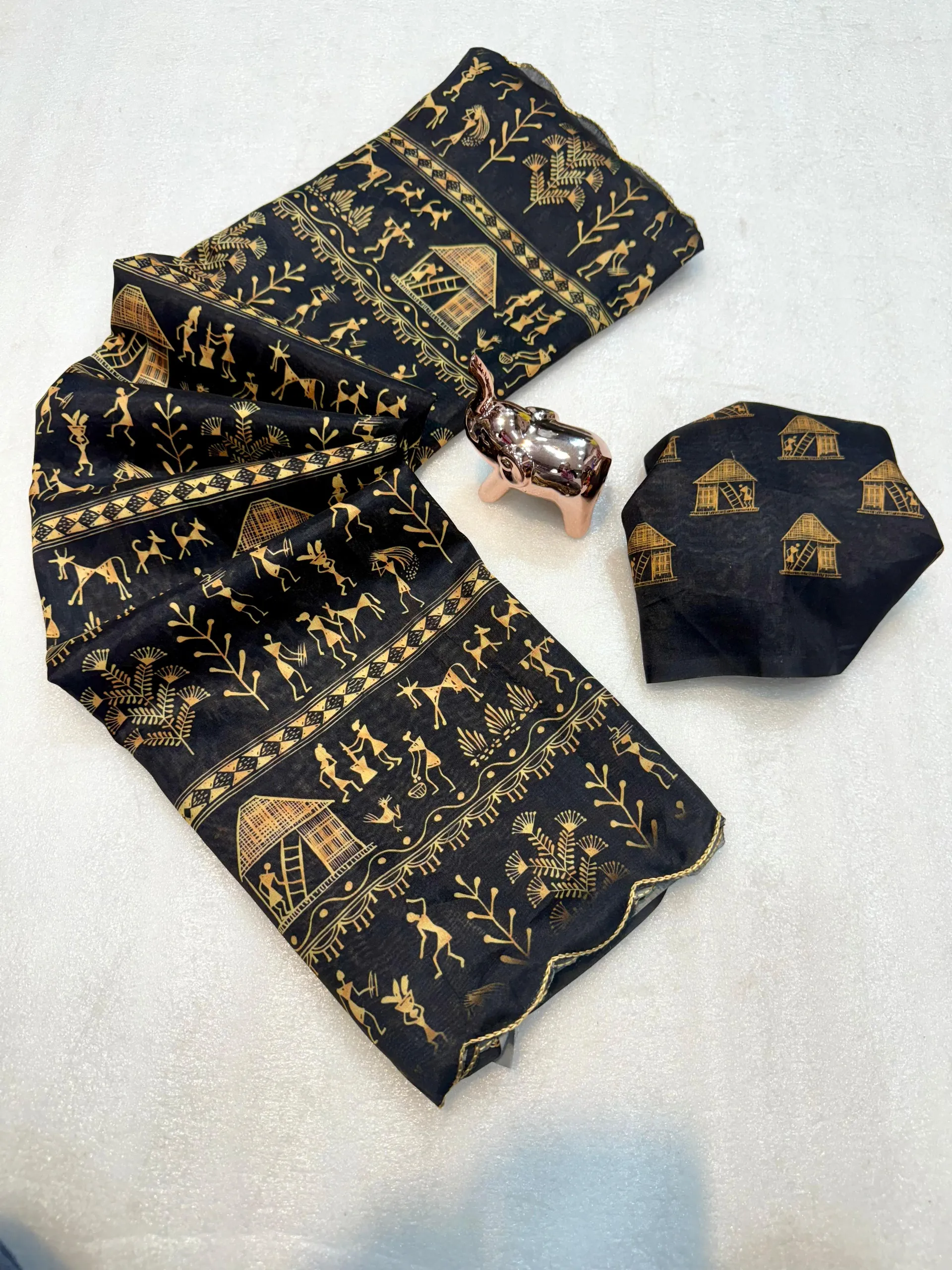 Dola Silk Digital Warli Printed Cutwork Saree with Ikat Blouse - View 3