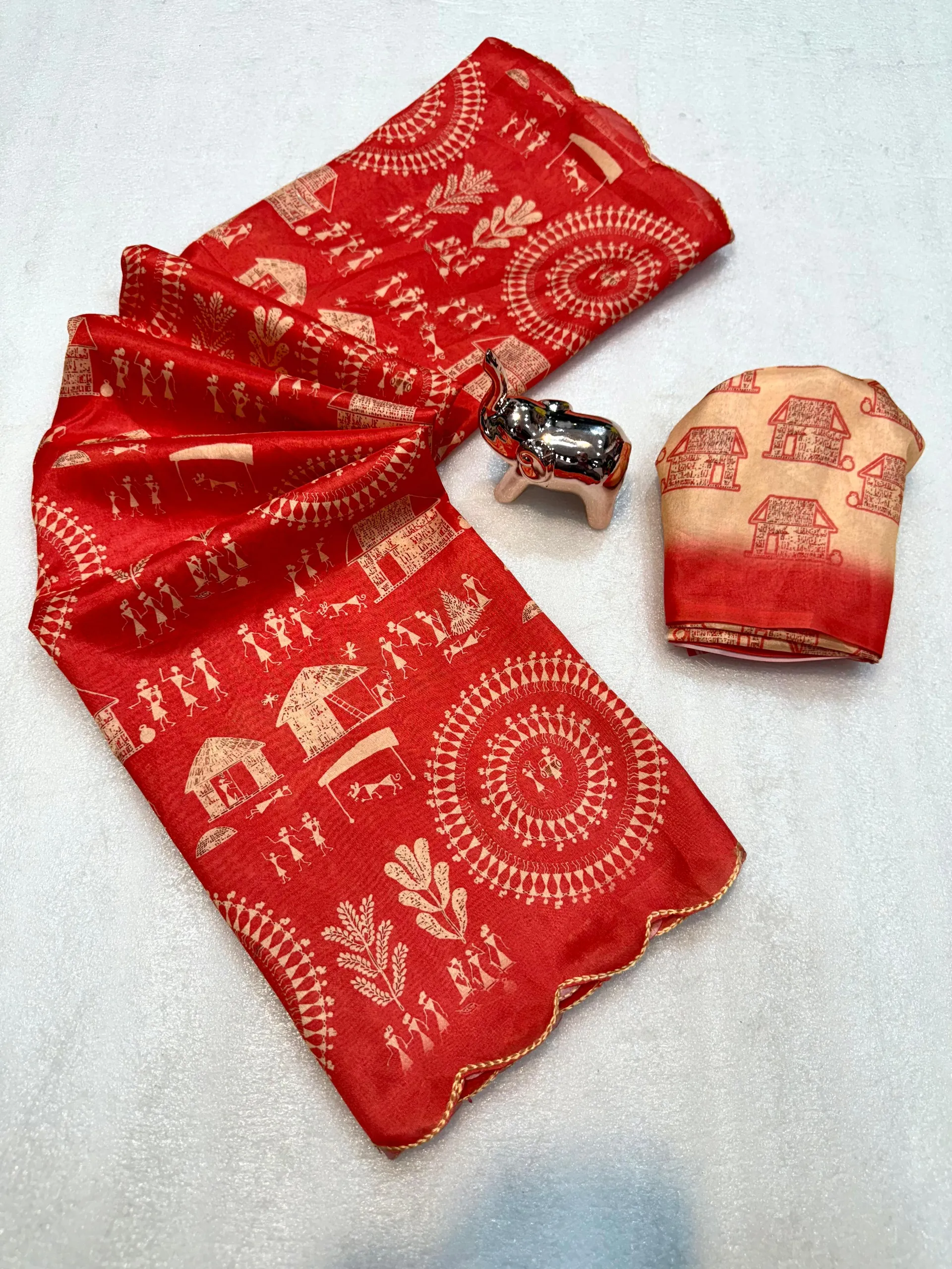 Dola Silk Digital Warli Printed Cutwork Saree with Ikat Blouse - View 6