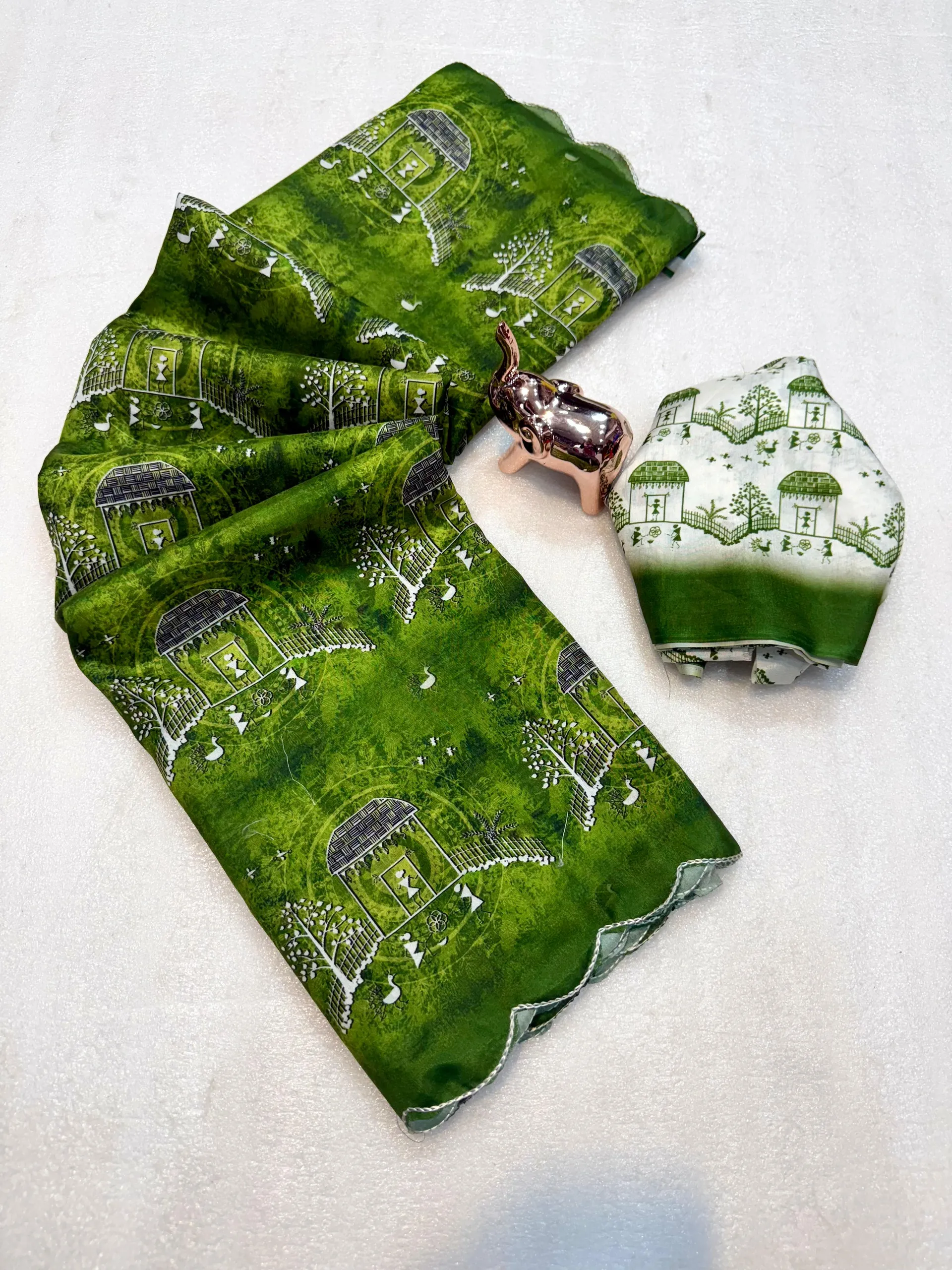 Dola Silk Digital Warli Printed Cutwork Saree with Ikat Blouse - View 7