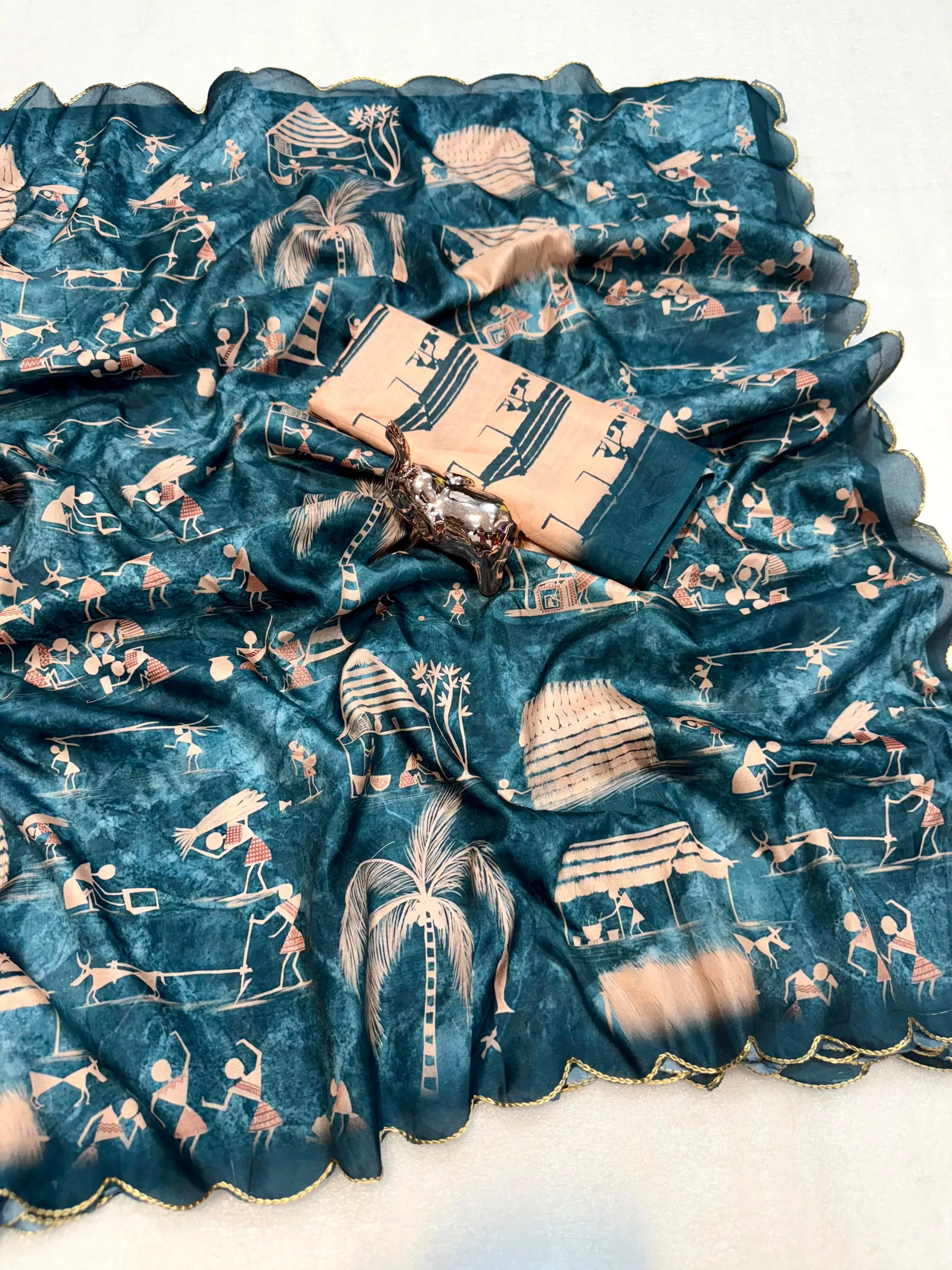 Dola Silk Digital Warli Printed Cutwork Saree with Ikat Blouse - View 8