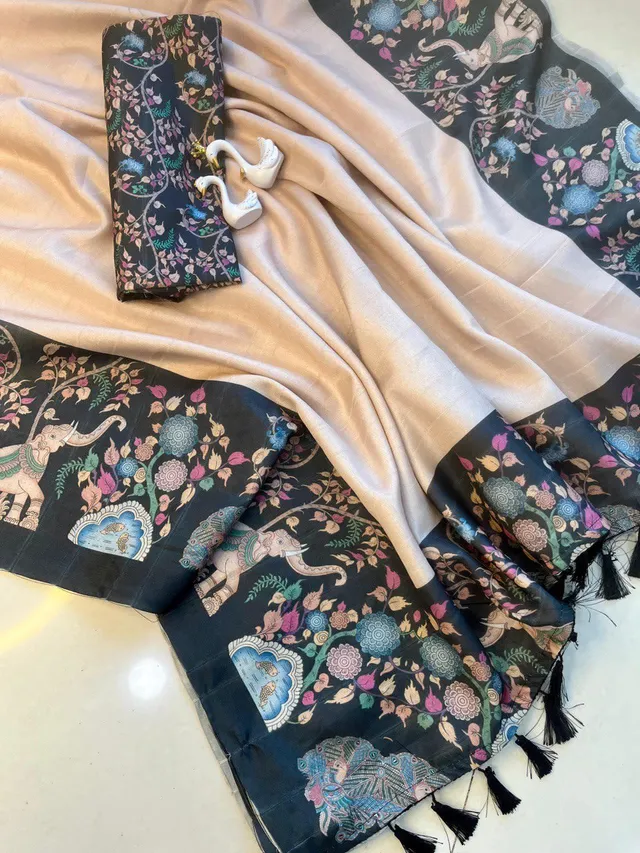 Heavy Handloom Tussar Silk Saree - Gajraj Print - View 3