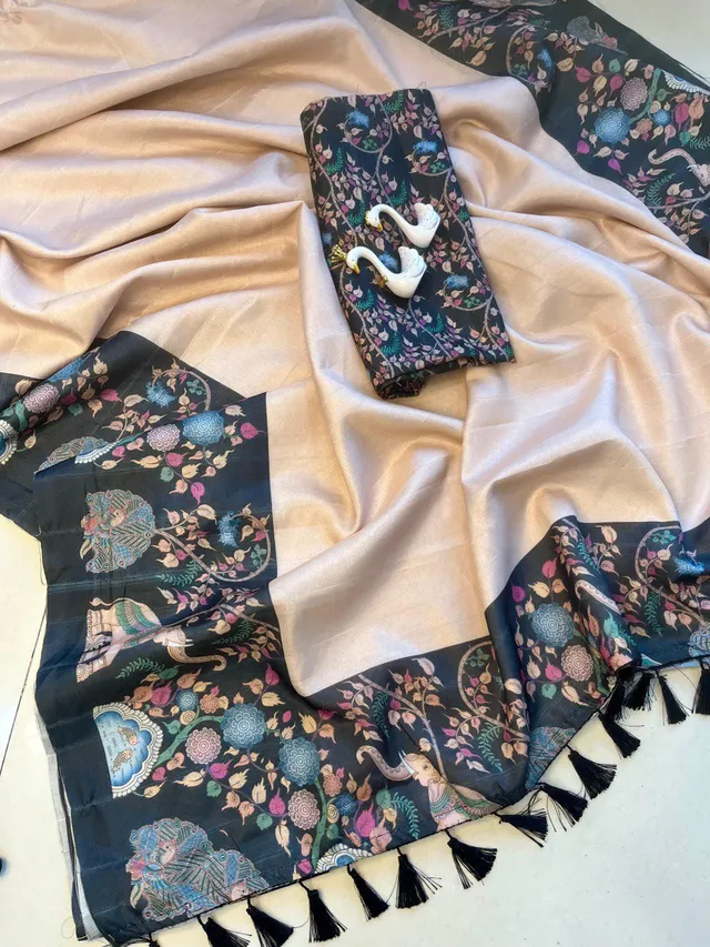Heavy Handloom Tussar Silk Saree - Gajraj Print - View 5