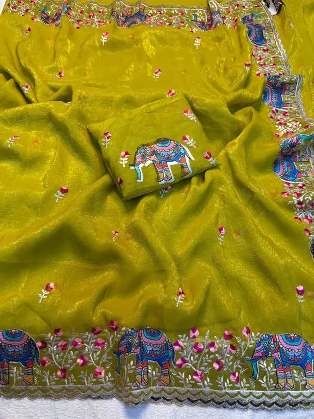Pure Soft Crunchy Saree with Full Elephant Embroidery Work