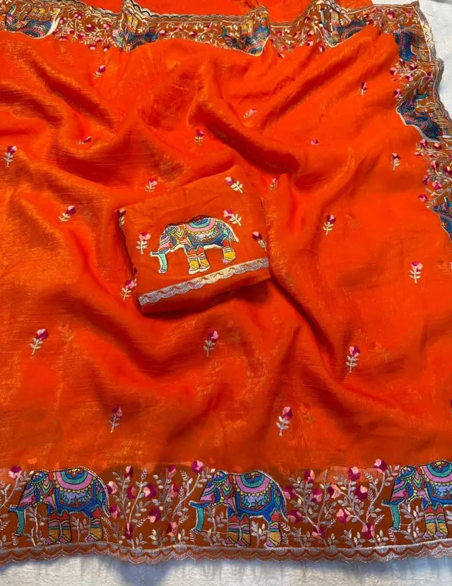Pure Soft Crunchy Saree with Full Elephant Embroidery Work - View 2