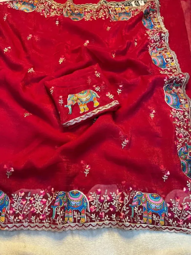Pure Soft Crunchy Saree with Full Elephant Embroidery Work - View 3