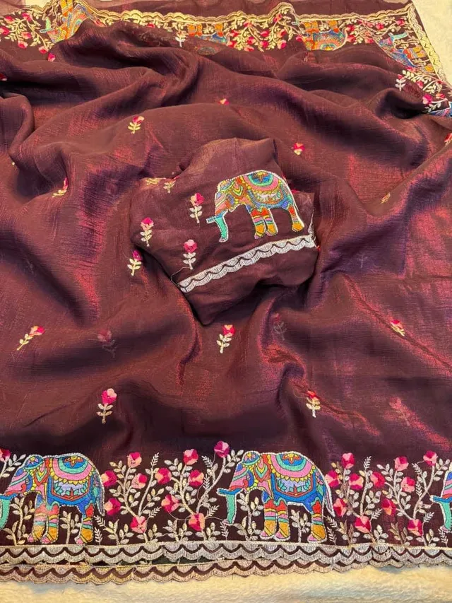 Pure Soft Crunchy Saree with Full Elephant Embroidery Work - View 5