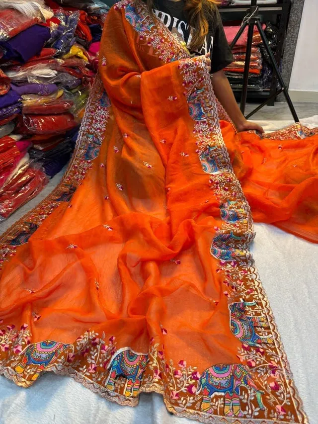 Pure Soft Crunchy Saree with Full Elephant Embroidery Work - View 8