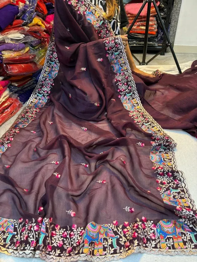 Pure Soft Crunchy Saree with Full Elephant Embroidery Work - View 9