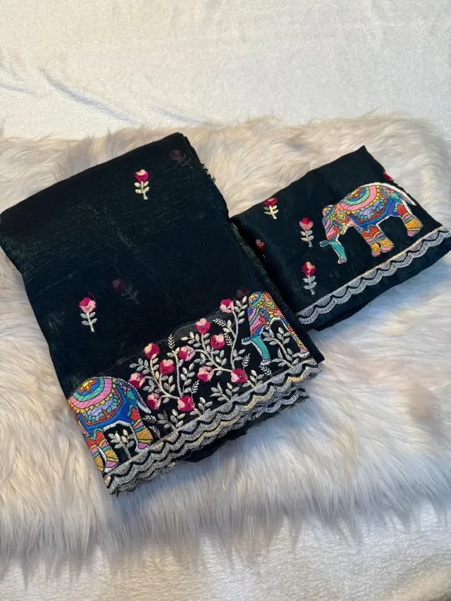 Pure Soft Crunchy Saree with Full Elephant Embroidery Work - View 10