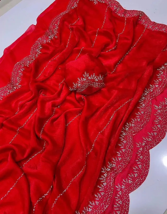 Fendy Chiffon Saree with Jarkhan Diamond Work - View 9