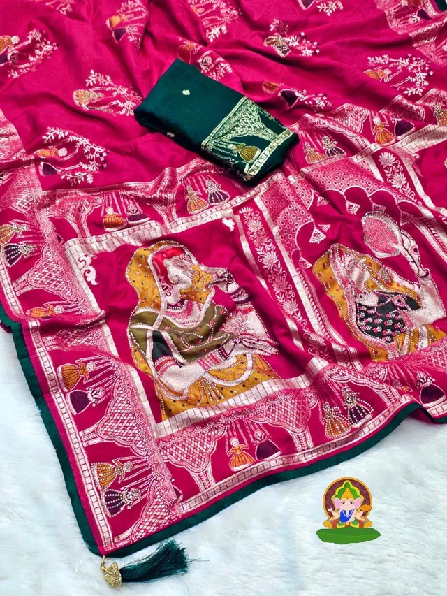 Pure Dola Viscose Meenakari Zecard Saree with Dulhan Design - View 2